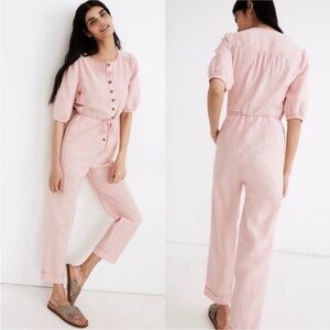 Madewell Linen-Blend Puff Sleeve Button Tassel Jumpsuit